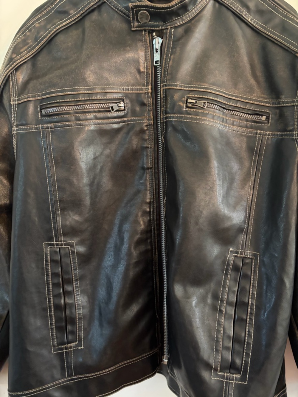 BKE Black Leather Bomber Jacket with Contrast Stitching